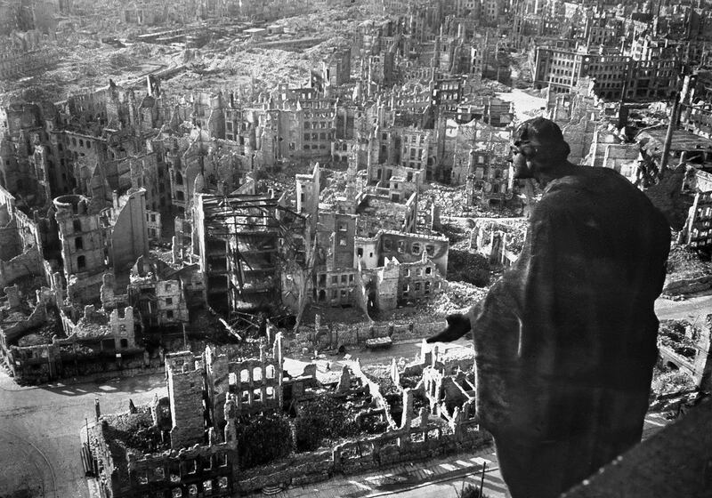 View taken from Dresden's townhall of the destroyed Old Town after the allied bombings on 13/14 February 1945. The Frauenkirche (Church of Our Lady, not seen in the picture) situated in the city centre, was reduced to rubble during 2nd World War allied bombing, and has now been restored to its former glory at a cost of EUR 130 million. The church will be inaugurated 30 October 2005. (Photo by Walter HAHN / SLUB DRESDEN / AFP) / RESTRICTED TO EDITORIAL USE - MANDATORY CREDIT "AFP PHOTO / / SLUB DRESDEN DEUTSCHE FOTOTHEK/ WALTER HAHN" - NO MARKETING - NO ADVERTISING CAMPAIGNS - DISTRIBUTED AS A SERVICE TO CLIENTS