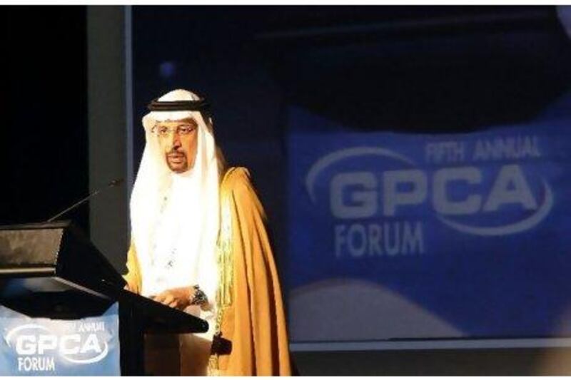 Khalid Al Falih addresses the gathering at the GPCA Forum held at the Intercontinental Hotel.