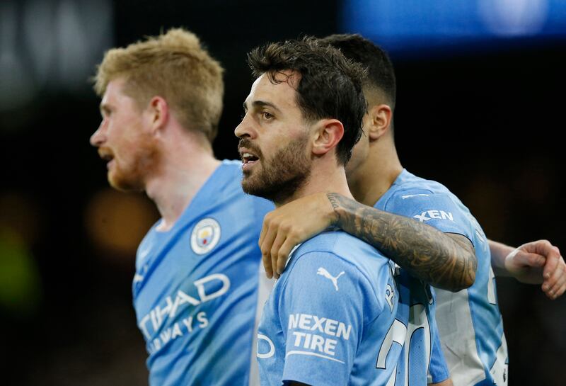 Manchester City's Bernardo Silva celebrates scoring the third goal in the 3-0 victory against Brighton in the Premier League on April 20. Reuters