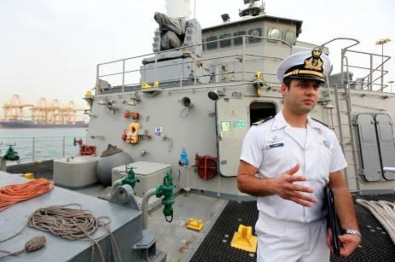 DUBAI, UNITED ARAB EMIRATES Ð April 10,2011: Lt (JG) Giampiero Sanna, Assistant Staff Officer of HS Spetsai NATO ship talking to media during the visit of the ship at Jebel Ali Port in Dubai. (Pawan Singh / The National) For News. Story by Carol


