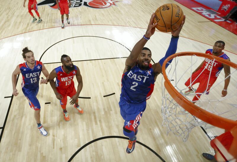 East Team's Kyrie Irving of the Cleveland Cavaliers goes up for a shot during the first half of the NBA All-Star basketball game Sunday, Feb. 17, 2013, in Houston. (AP Photo/Eric Gay)