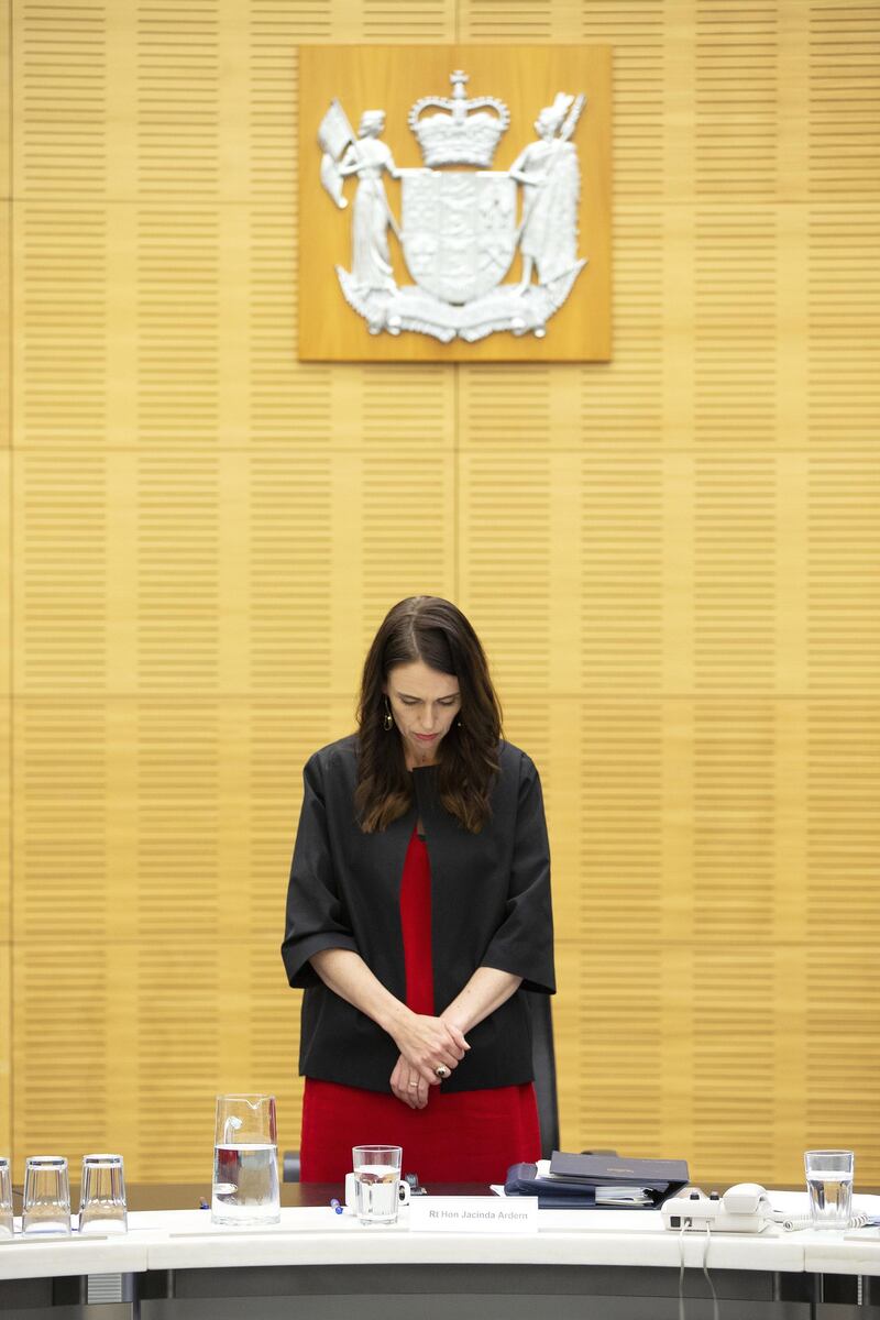 New Zealand Prime Minister Jacinda Ardern observes a minute of silence for victims of the White Island tragedy during a cabinet meeting in Wellington, New Zealand.  EPA