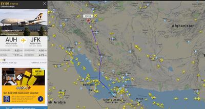 Flightradar24 tracks an Ethiad flight from Abu Dhabi to New York's JFK airport flying over Iranian airspace. Courtesy Flightradar24.com