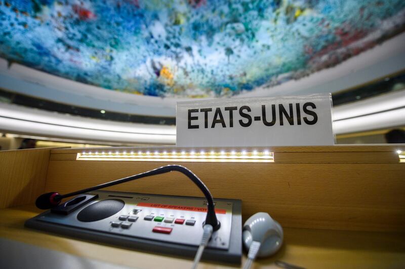 epaselect epa06823700 The US name plate reading Etats-Unis in French is photographed one day after the United States announced its withdrawal at the 38th session of the UN Human Rights Council at the UN headquarters in Geneva, 20 June 2018. US Ambassador Nikki Haley said the United States is withdrawing from the UN Human Rights Council, calling it 'an organization that is not worthy of its name.'  EPA/MARTIAL TREZZINI