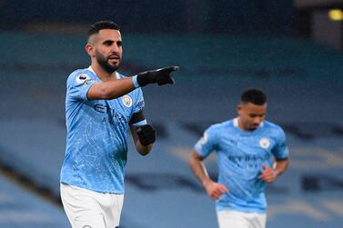 epa08849277 Manchester Cityâ€™s Riyad Mahrez reacts after scoring for hat-trick during the English Premier League soccer match between Manchester City and Burnley FC in Manchester, Britain, 28 November 2020. EPA/Michael Regan / POOL EDITORIAL USE ONLY. No use with unauthorized audio, video, data, fixture lists, club/league logos or 'live' services. Online in-match use limited to 120 images, no video emulation. No use in betting, games or single club/league/player publications.