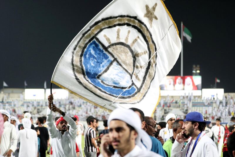 Sharjah, United Arab Emirates - May 15, 2019: Football. Sharjah celebrate winning the league after the game between Sharjah and Al Wahda in the Arabian Gulf League. Wednesday the 15th of May 2019. Sharjah Football club, Sharjah. Chris Whiteoak / The National