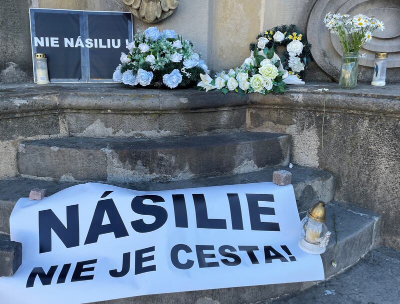 A banner with the the message 'No to violence' is displayed in the city square in Banska Bystrica, Slovakia, following the assassination attempt on Prime Minister Robert Fico.   EPA