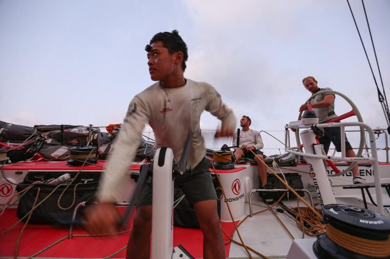 Liu Xue aboard the yacht of Team Dongfeng, in second as of Thursday during the second leg of the Volvo Ocean Race. Yann Riou / Dongfeng Race Team / Volvo Ocean Race