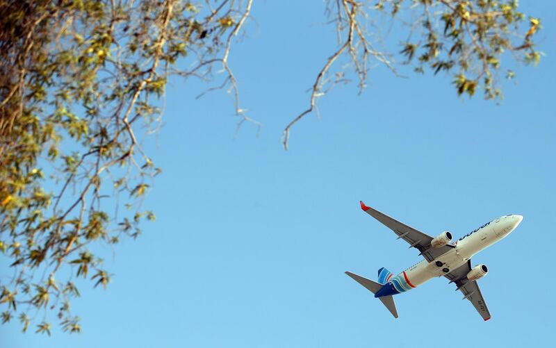 An aircraft by Fly Dubai takes off from Dubai International Airport.  EPA