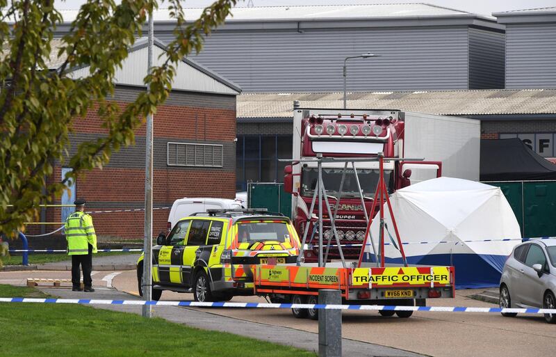 Police activity at the Waterglade Industrial Park in Grays, Essex, after 39 bodies were found inside a lorry container on the industrial estate.