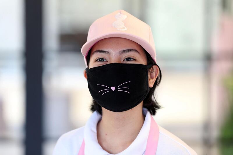 Dubai, United Arab Emirates - Reporter: Janice Rodrigues. Features. Jezsha with her cat facemask. Vibrissae Cat Cafe has just opened in Al Safa, Dubai. Monday, March 8th, 2021. Dubai. Chris Whiteoak / The National