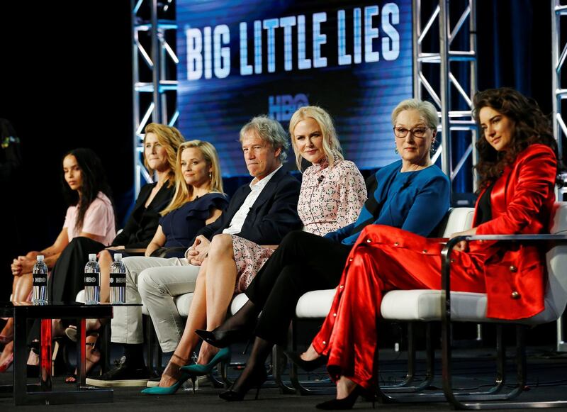 Zoe Kravitz, Laura Dern, Reese Witherspoon, David E. Kelley, Nicole Kidman, Meryl Streep and Shailene Woodley attend a panel for the second season of the HBO series "Big Little Lies", during the Television Critics Association (TCA) Winter Press Tour in Pasadena, California, U.S., February 8, 2019.    REUTERS/Mario Anzuoni