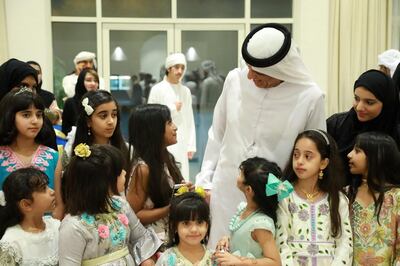 Sheikh Saud Al Qasimi, Ruler of Ras Al Khaimah, received the children of Emirati martyrs for Eid. Wam