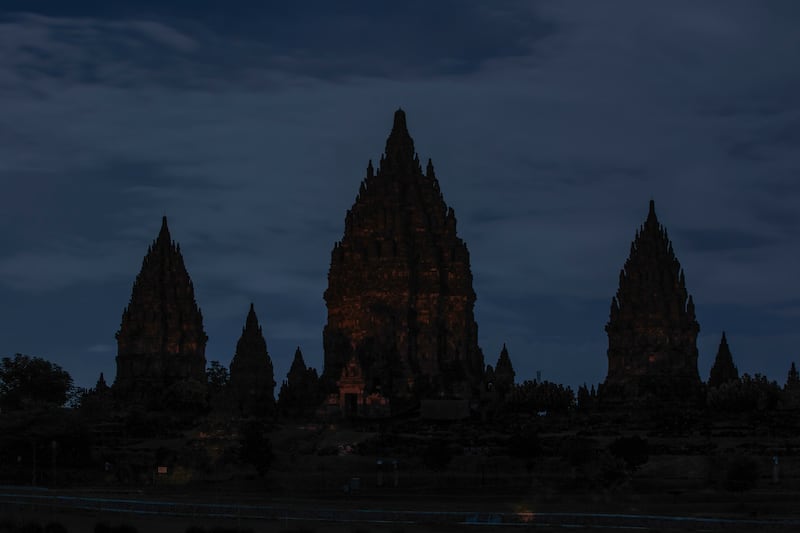 The Prambanan Temple, one of the largest Hindu temples in Southeast Asia and a UNESCO World Heritage Site, is pictured with its lights off during the Earth Hour environmental campaign in Yogyakarta. AFP