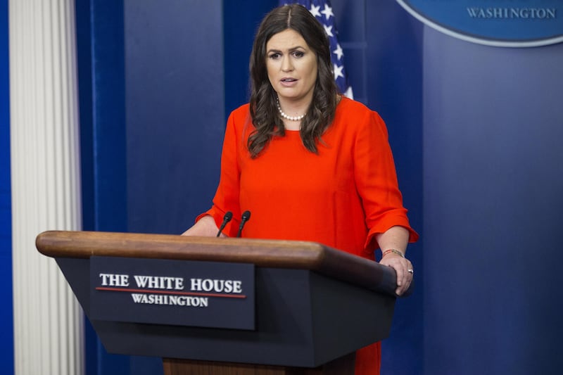 Sarah Huckabee Sanders, White House press secretary-designate, speaks during a White House press briefing with Anthony Scaramucci, director of communications for the White House, not pictured, in Washington, D.C., U.S., on Friday, July 21, 2017. Wall Street veteran Scaramucci has been named President Trump's communications director after the abrupt resignation of ex-press secretary Sean Spicer. Photographer: Zach Gibson/Bloomberg