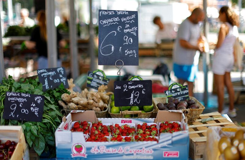 Price tags at a market in Nice, France. Reuters