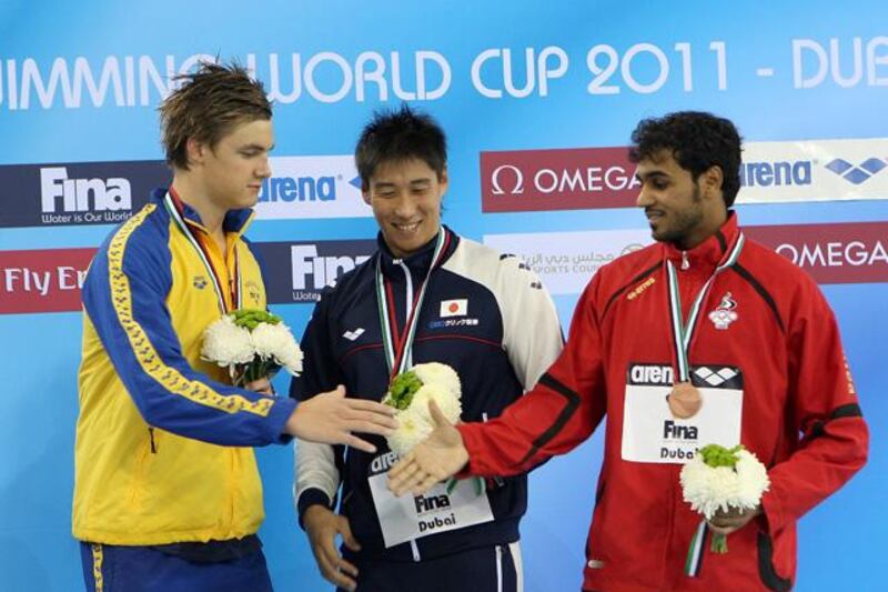 UAEÕs own Mohammed Humaid Al Ghafri gave the home fans something to cheer about. (Courtesy of FINA/ARENA Swimming World Cup-Dubai)