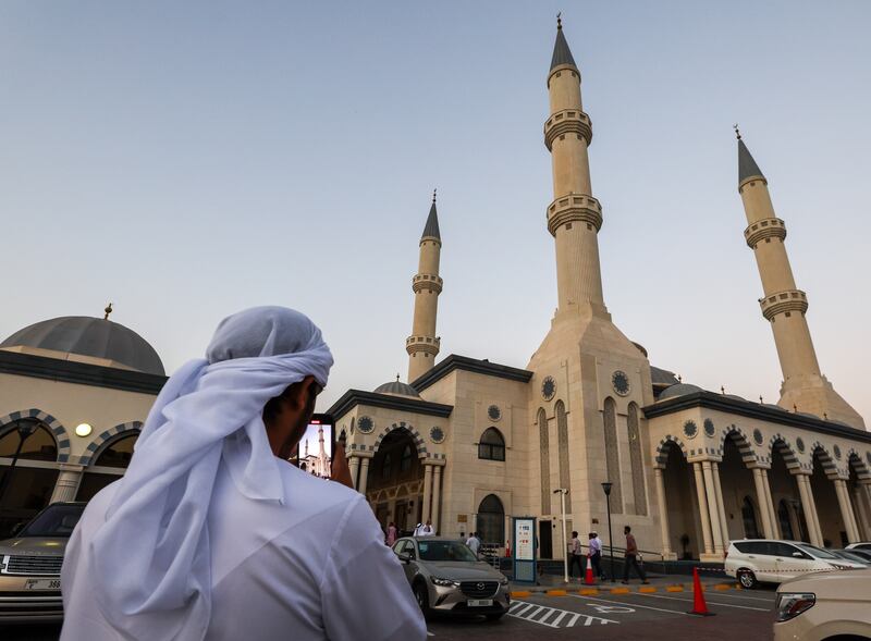 Worshippers arrive at Al Farooq Omar bin Al Khattab Mosque in Dubai for Eid Al Adha prayers. All photos: Victor Besa / The National