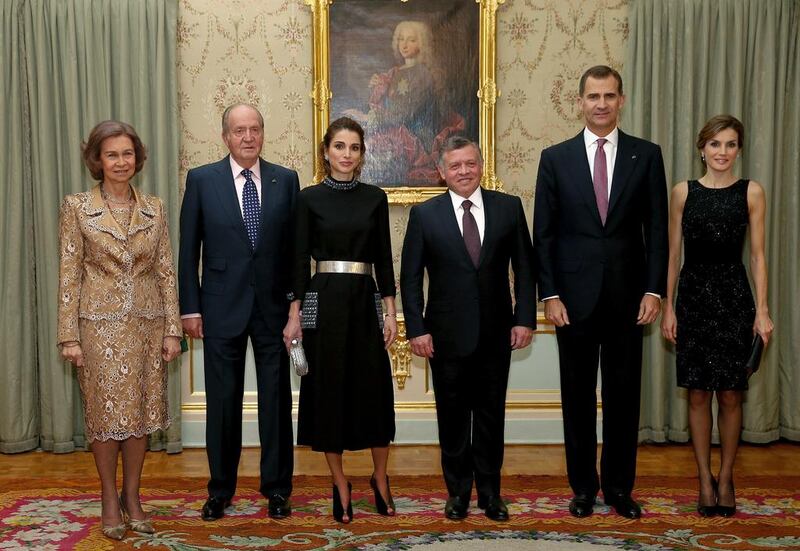 Spanish Queen Sofia, her husband King Juan Carlos, Jordanian Queen Rania, her husband King Abdallah II of Jordan, King Felipe of Spain and his wife Queen Letizia. AFP 