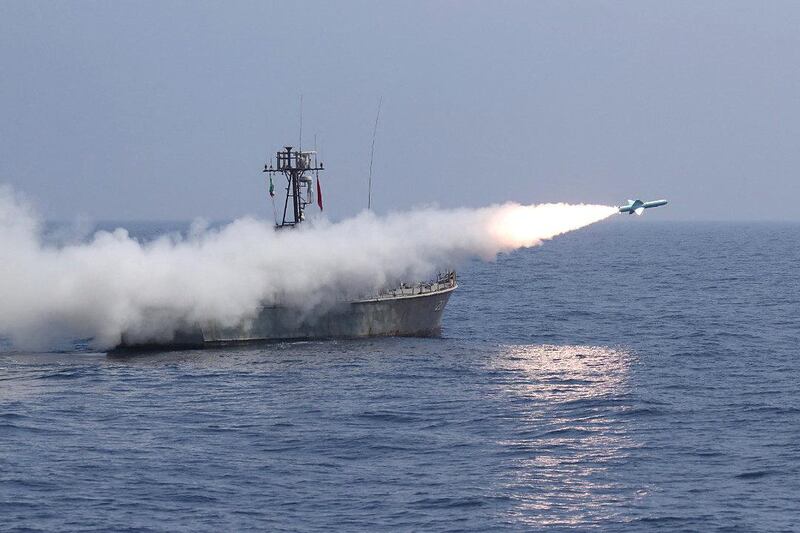 A handout photo made available by the Iranian Army office on January 14, 2021, shows a Nasr-1 anti-ship missile fired from a warship during an Iranian navy military drill in the Gulf of Oman. (Photo by - / Iranian Army office / AFP) / === RESTRICTED TO EDITORIAL USE - MANDATORY CREDIT "AFP PHOTO / HO / Iranian Army office" - NO MARKETING NO ADVERTISING CAMPAIGNS - DISTRIBUTED AS A SERVICE TO CLIENTS ===