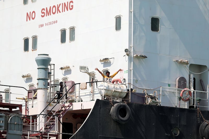 Umm Al Quwain, United Arab Emirates - Reporter: N/A. News. People prepare to tow the Mt Iba oil tanker that ran aground in Umm Al Quwain. Tuesday, February 16th, 2021. Dubai. Chris Whiteoak / The National