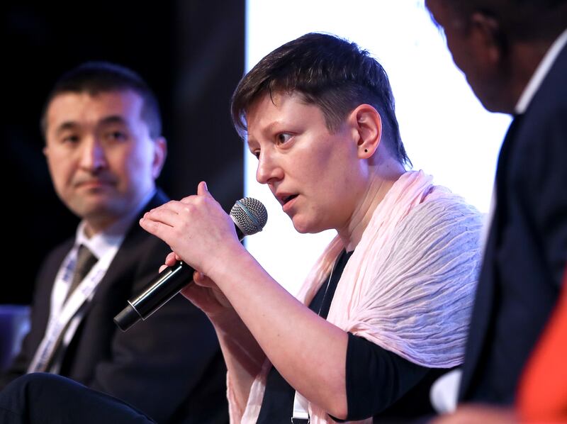 Kateryna Chuyeva, UkraINE'S Deputy Minister of Culture, speaks at the Aliph forum in Abu Dhabi. Victor Besa / The National