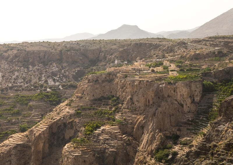 SAYQ, OMAN - MAY 09: Old village with terraces to grow roses, Jebel Akhdar, Sayq, Oman on May 9, 2018 in Sayq, Oman. (Photo by Eric Lafforgue/Art In All Of Us/Corbis via Getty Images)