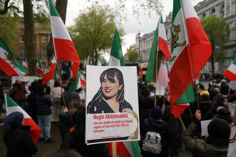 A protest on Sunday opposite Downing Street in London against Iran imposing the death penalty on rapper Toomaj Salehi. Negin Abdolmaleki, 21, was bludgeoned to death in October 2022 by security forces at a rally in Hamadan. All photos: PA