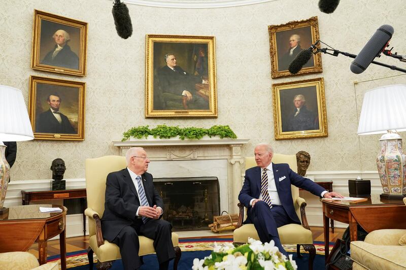 U.S. President Joe Biden meets with Israel's President Reuven Rivlin at the White House in Washington, U.S. June 28, 2021. REUTERS/Kevin Lamarque