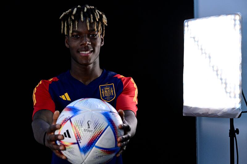 Spain forward Nico Williams poses during an interview with AFP at Qatar Universty in Doha on November 21, 2022, during the Qatar 2022 World Cup. AFP