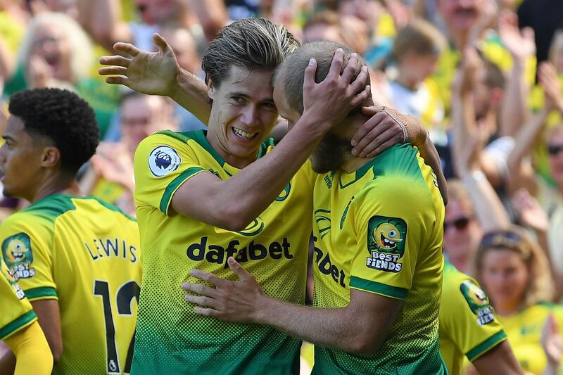 Norwich's Todd Cantwell, left, celebrates with Pukki after scoring their opening goal. AFP