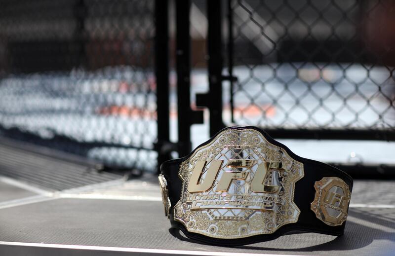 April 8, 2010/ Abu Dhabi /  A UFC champonship belt next to the octagon for UFC 112 at Ferrari World on Yas Island April 8, 2010. (Sammy Dallal / The National)


