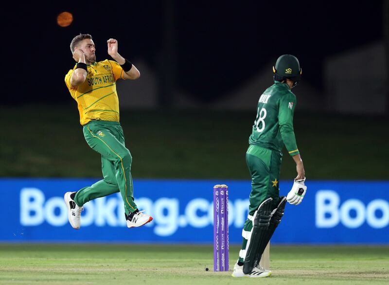 South Africa's Anrich Nortje bowls against Pakistan during the 2021 T20 World Cup warm-up match at the Tolerance Oval, Abu Dhabi. Chris Whiteoak / The National  