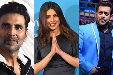 Fro left: Bollywood stars Akshay Kumar, Priyanka Chopra and Salman Khan. AFP