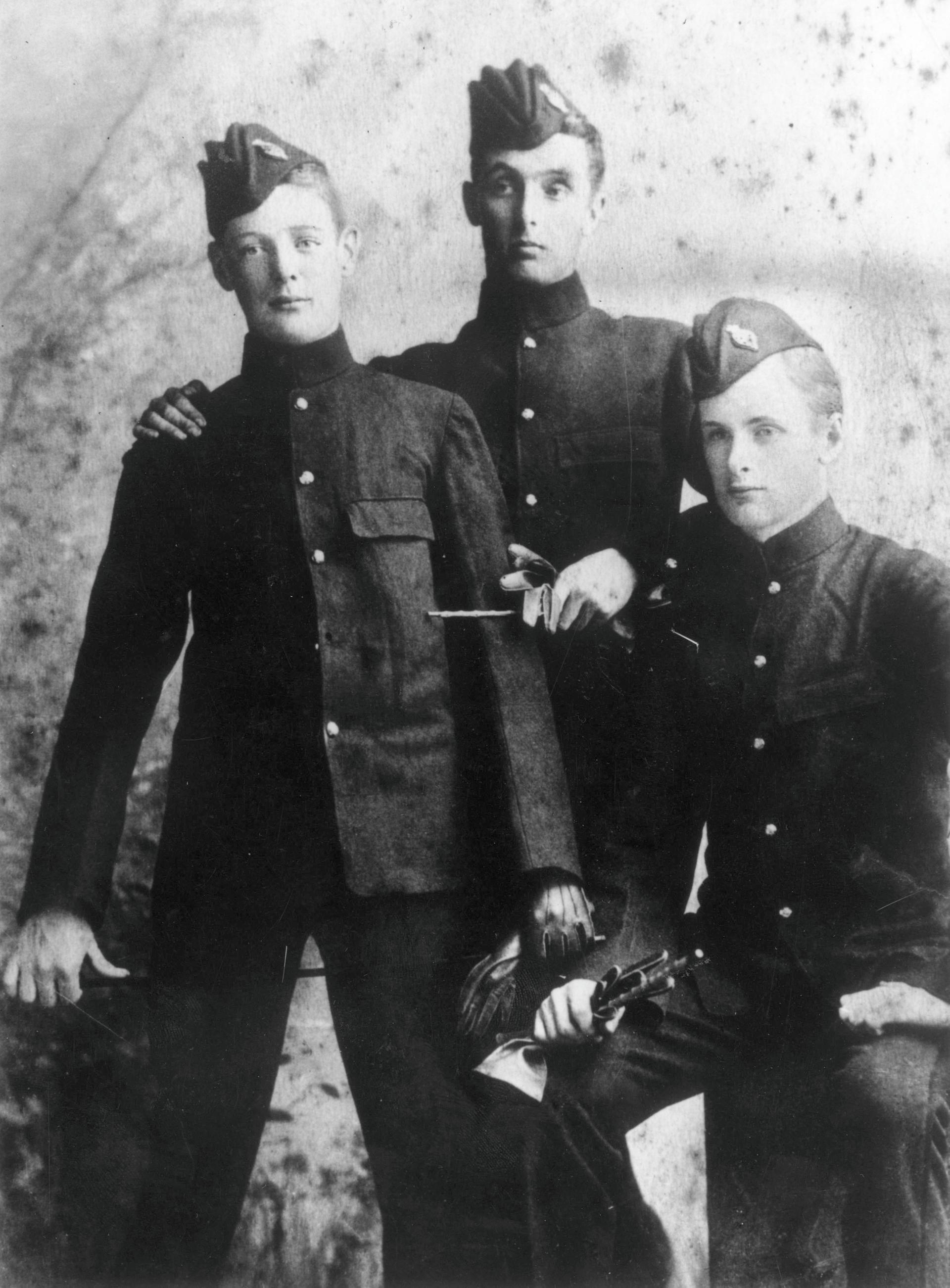 1894:  Left to right, Winston Churchill (1874 - 1965) as a Sandhurst cadet  with two friends, Lord Dillon and Bertie Cook.  (Photo by Hulton Archive/Getty Images)