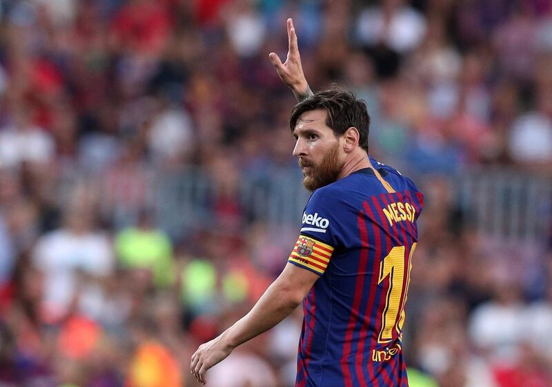 Soccer Football - La Liga Santander - FC Barcelona v SD Huesca - Camp Nou, Barcelona, Spain - September 2, 2018   Barcelona's Lionel Messi celebrates scoring their sixth goal   REUTERS/Albert Gea