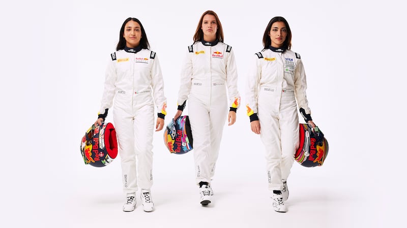 Red Bull Academy Programme drivers Hamda Al Qubaisi, left, Emely De Heus, and Amna Al Qubaisi, right. Photo: Red Bull