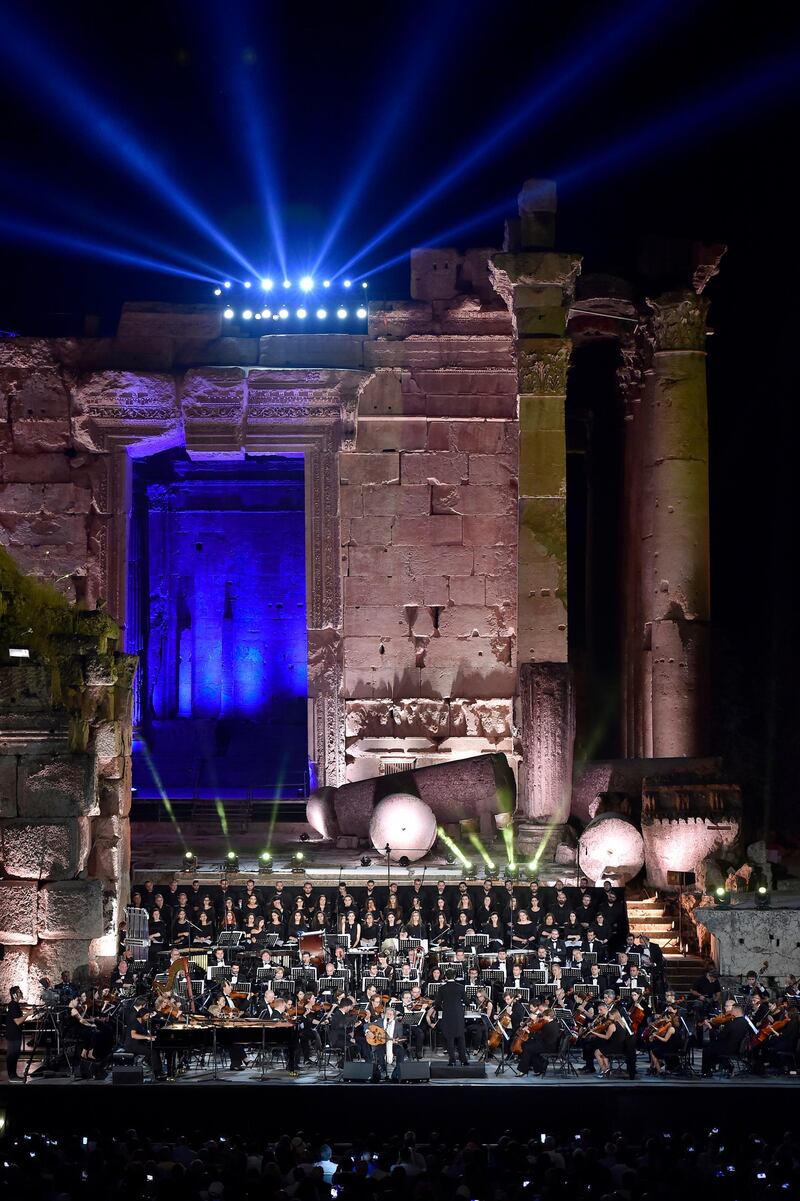 Lebanese Oud musician and singer Marcel Khalife (C) performs at the opening night of the annual Baalbeck International Festival (BIF) in Baalbeck, Beqaa Valley, Lebanon, 05 July 2019. The festival runs from 05 July to 03 August 2019. Photo: EPA