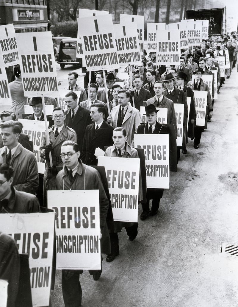 Members of Britain's No Conscription League parade in protest of the government's compulsory conscription bill in 1939