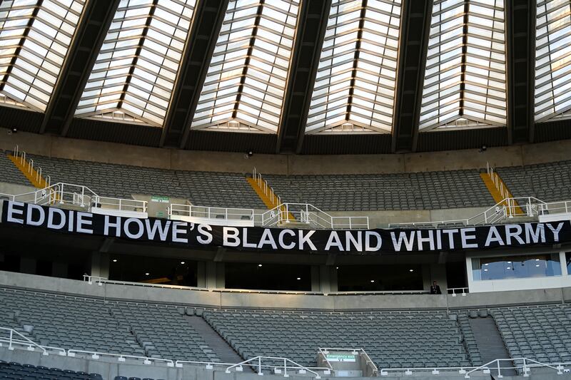 A view of a Newcastle United banner showing support for manager Eddie Howe. Getty