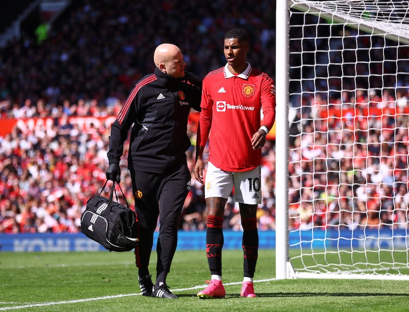 Manchester United's Marcus Rashford walks off the pitch after picking up an injury against Everton at Old Trafford on Saturday, April 8, 2023. Reuters