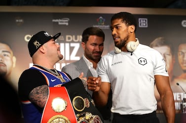 Andy Ruiz Jr and Anthony Joshua during the 'Clash on the Dunes' press conference in Diriyah, Saudi Arabia. Getty Images