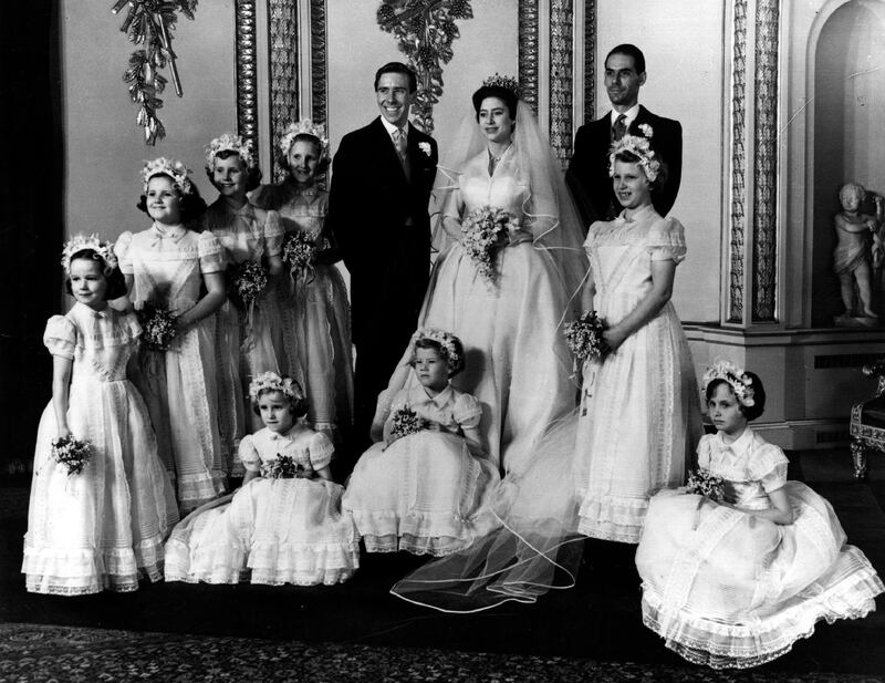 400806 38: (FILE PHOTO) The bridal group at Buckingham Palace May 6, 1960 at the wedding of Princess Margaret and Antony Armstrong-Jones. Buckingham Palace announced that Princess Margaret died peacefully in her sleep at 1:30AM EST at the King Edward VII Hospital February 9, 2002 in London. (Photo by Getty Images)