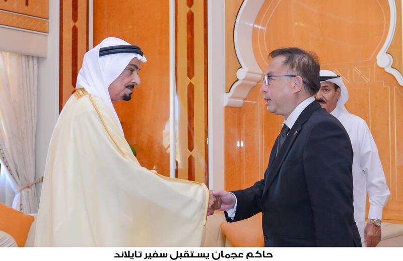 Sheikh Humaid bin Rashid Al Nuaimi, Ruler of Ajman, on Wednesday met with Komate Kamalanvin, Ambassador of the Kingdom of Thailand to the UAE, who called on Sheikh Humaid at the beginning of his tenure.