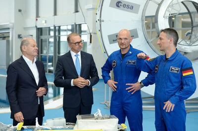 German Chancellor Olaf Scholz with Dr Josef Aschenbacher and astronauts Matthias Maurer and Alexander Gerstim at an ESA base in Cologne. Getty Images