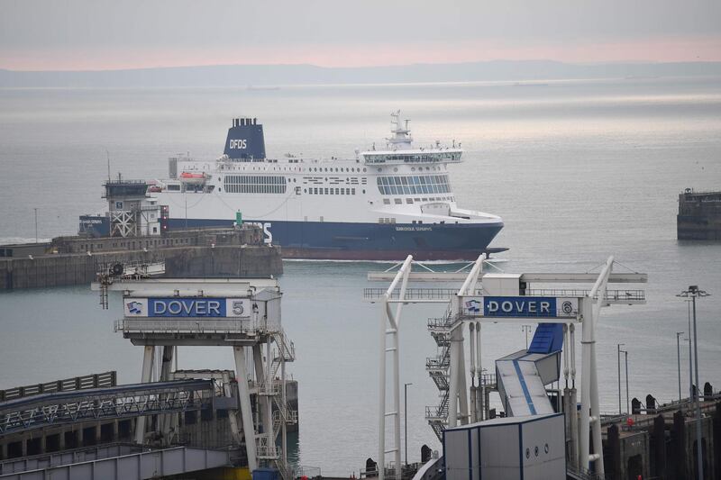 A DFDS ferry carrying freight lorries arrives at the Port of Dover. AFP