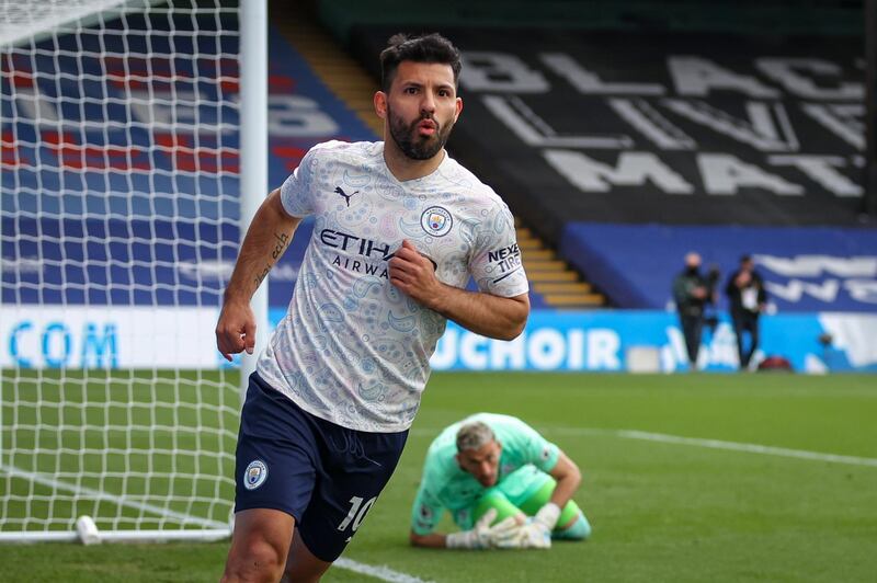 Sergio Aguero celebrates after scoring against Crystal Palace. EPA