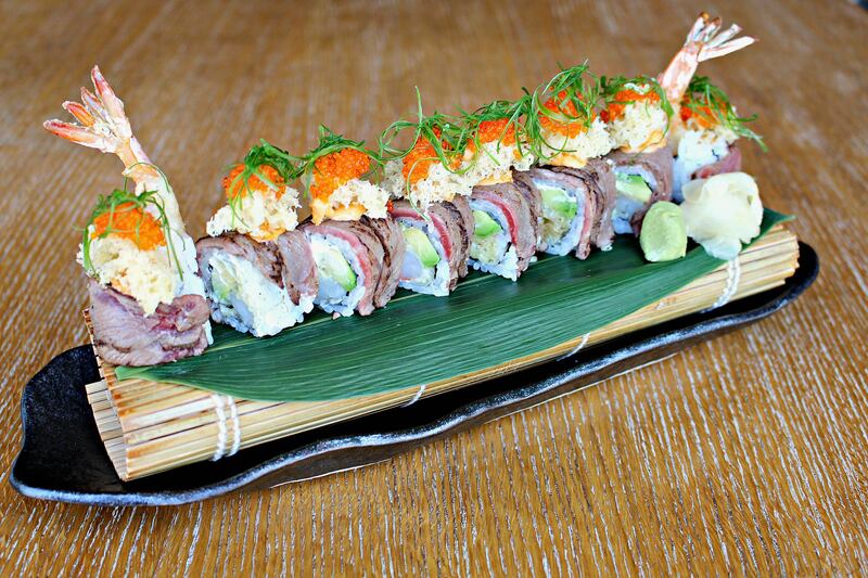 Appetiser: Wagyu beef roll with shrimp tempura, Philadelphia cheese, pickled radish, avocado and teriyaki sauce; Dh20 from Cafe Sushi