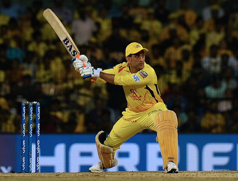 Chennai Super Kings cricket captain Mahendra Singh Dhoni plays a shot during the 2019 Indian Premier League (IPL) first qualifier Twenty20 cricket match between Chennai Super Kings and Mumbai Indians at the M.A. Chidambaram Stadium in Chennai on May 7, 2019. (Photo by ARUN SANKAR / AFP) / ----IMAGE RESTRICTED TO EDITORIAL USE - STRICTLY NO COMMERCIAL USE-----