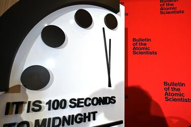 The Doomsday Clock set at 100 seconds to midnight by The Bulletin of Atomic Scientists is displayed at the National Press Club in Washington on January 23, 2020. AFP